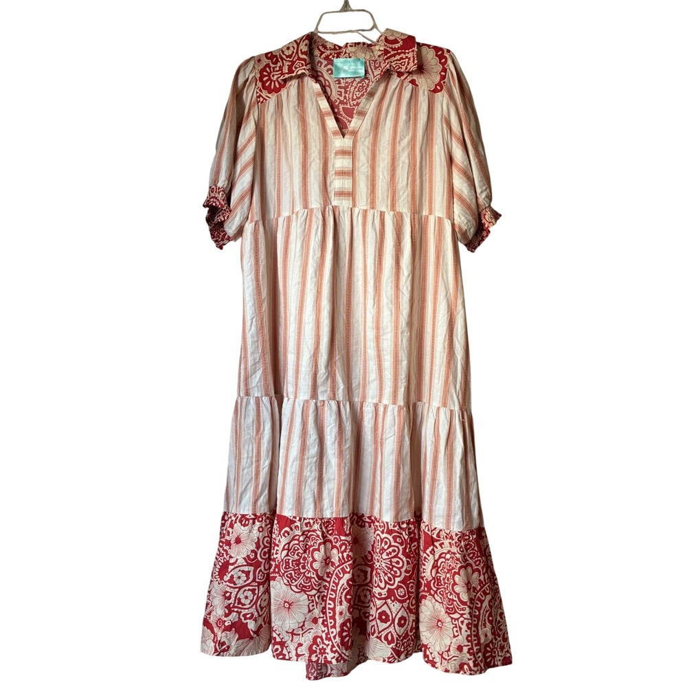 J. Jordan Tiered Maxi Dress Womens Size L Dreamsicle & Red Cottagecore Boho